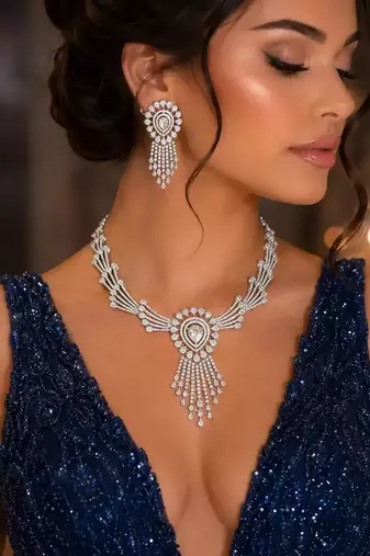 Cubic Zirconia Statement Necklace Earrings Set: Silver Plated Bridal Choker