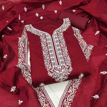 Red chanderi embroidered unstitched dressmaterials 3 pair top bottom dupptaa 4