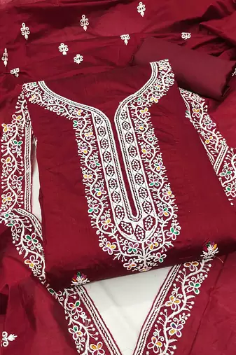 Red chanderi embroidered unstitched dressmaterials 3 pair top bottom dupptaa