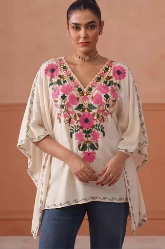 Women floral embroidered thread work floral kaftan kurta