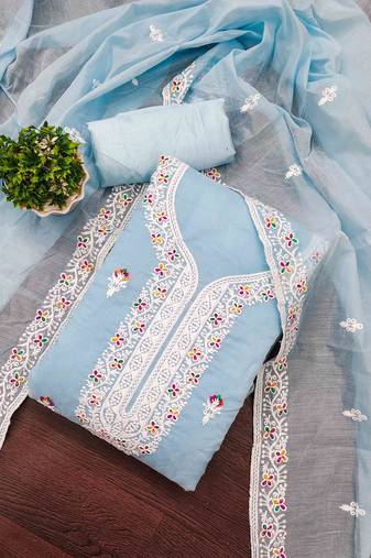 Teal chanderi embroidered unstitched dressmaterials 3 pair top bottom dupptaa