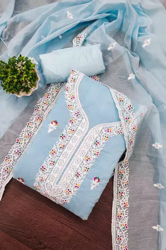 Teal chanderi embroidered unstitched dressmaterials 3 pair top bottom dupptaa