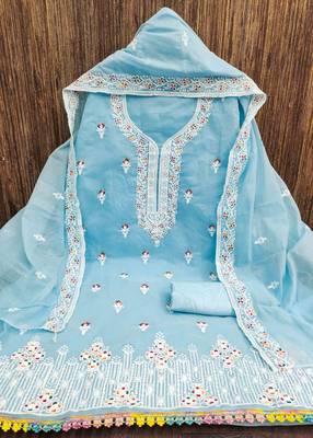 Teal chanderi embroidered unstitched dressmaterials 3 pair top bottom dupptaa 2