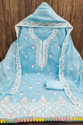 Teal chanderi embroidered unstitched dressmaterials 3 pair top bottom dupptaa