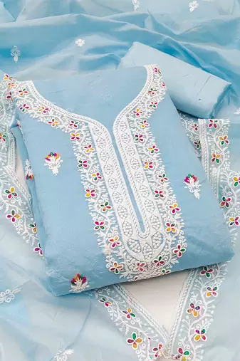 Teal chanderi embroidered unstitched dressmaterials 3 pair top bottom dupptaa