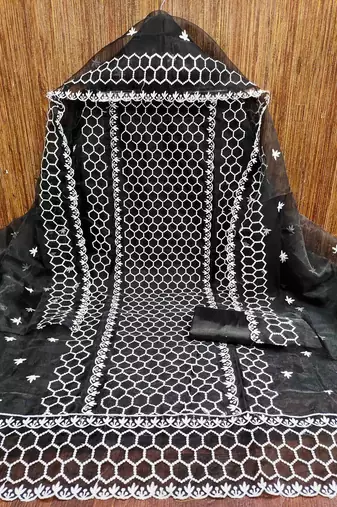 black organza embroidered unstitched dressmaterials 3 pair top bottom dupptaa