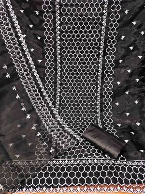 black organza embroidered unstitched dressmaterials 3 pair top bottom dupptaa 3
