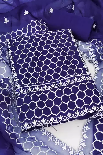 blue organza embroidered unstitched dressmaterials 3 pair top bottom dupptaa