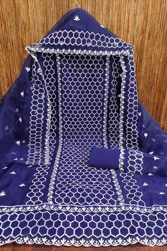 blue organza embroidered unstitched dressmaterials 3 pair top bottom dupptaa