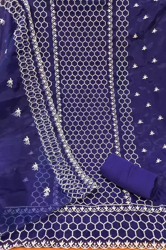 blue organza embroidered unstitched dressmaterials 3 pair top bottom dupptaa