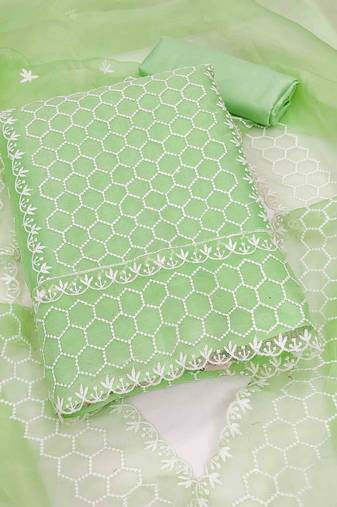 green organza embroidered unstitched dressmaterials 3 pair top bottom dupptaa