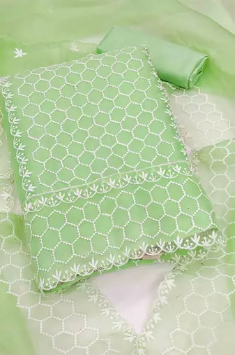 green organza embroidered unstitched dressmaterials 3 pair top bottom dupptaa