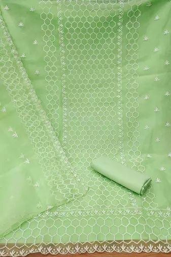 green organza embroidered unstitched dressmaterials 3 pair top bottom dupptaa