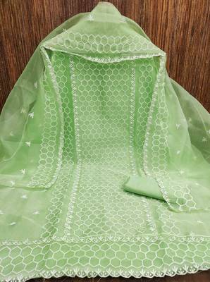 green organza embroidered unstitched dressmaterials 3 pair top bottom dupptaa 3