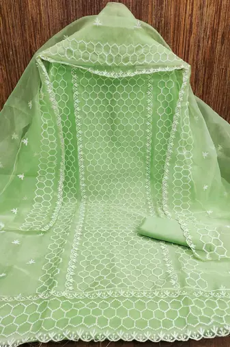 green organza embroidered unstitched dressmaterials 3 pair top bottom dupptaa