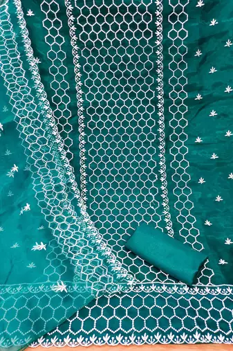 indigo organza embroidered unstitched dressmaterials 3 pair top bottom dupptaa