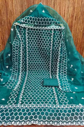 indigo organza embroidered unstitched dressmaterials 3 pair top bottom dupptaa