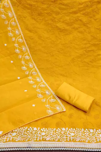 gold chanderi embroidered unstitched dress materials 3 pair top bottom dupatta