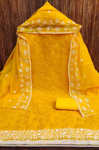 gold chanderi embroidered unstitched dress materials 3 pair top bottom dupatta