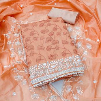 peach chanderi embroidered unstitched dress materials 3 pair top bottom dupatta 1