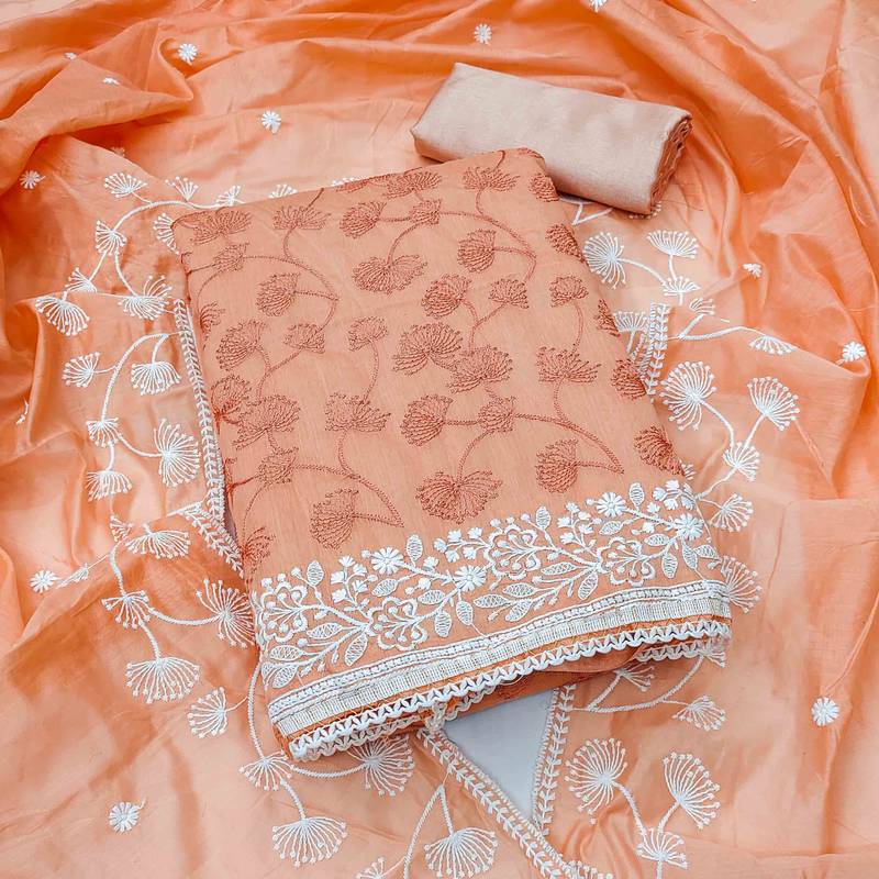 peach chanderi embroidered unstitched dress materials 3 pair top bottom dupatta