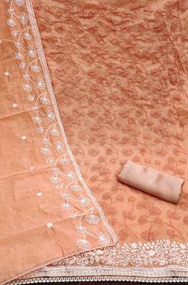 peach chanderi embroidered unstitched dress materials 3 pair top bottom dupatta 2