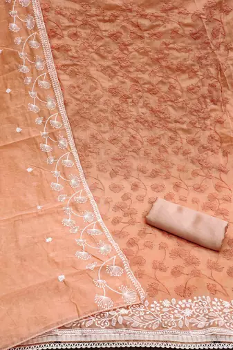 peach chanderi embroidered unstitched dress materials 3 pair top bottom dupatta