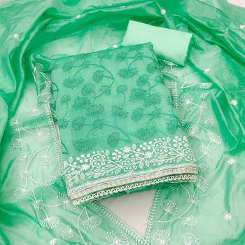 teal chanderi embroidered unstitched dress materials 3 pair top bottom dupatta 1