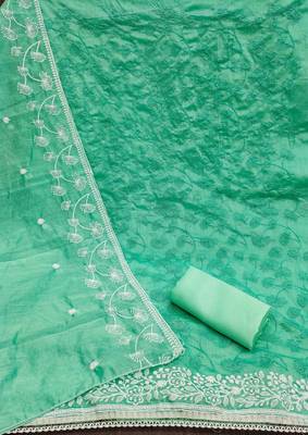 teal chanderi embroidered unstitched dress materials 3 pair top bottom dupatta 2