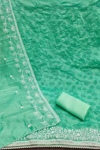 teal chanderi embroidered unstitched dress materials 3 pair top bottom dupatta