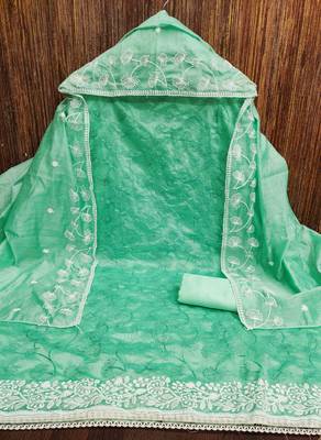 teal chanderi embroidered unstitched dress materials 3 pair top bottom dupatta 3