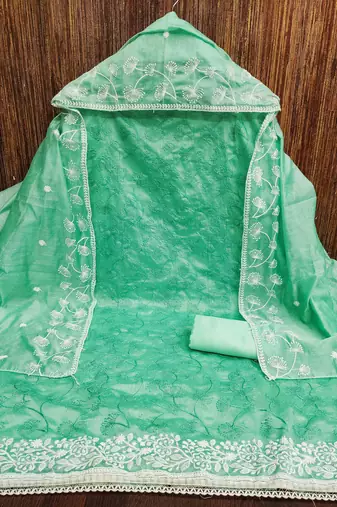 teal chanderi embroidered unstitched dress materials 3 pair top bottom dupatta