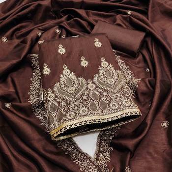 brown cotton blend embroidered unstitched dressmaterials 3 pair top bottom dupptaa 1