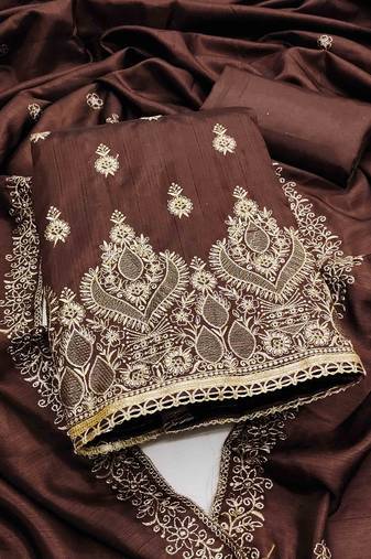 brown cotton blend embroidered unstitched dressmaterials 3 pair top bottom dupptaa