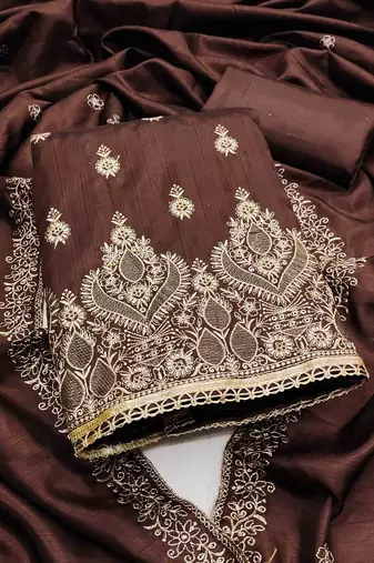 brown cotton blend embroidered unstitched dressmaterials 3 pair top bottom dupptaa