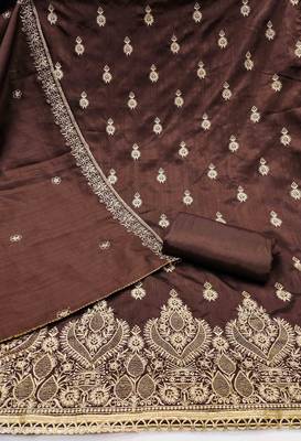 brown cotton blend embroidered unstitched dressmaterials 3 pair top bottom dupptaa 2