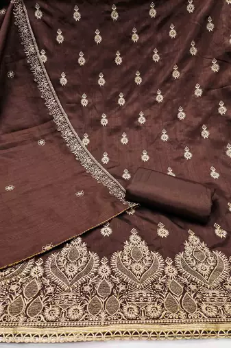 brown cotton blend embroidered unstitched dressmaterials 3 pair top bottom dupptaa