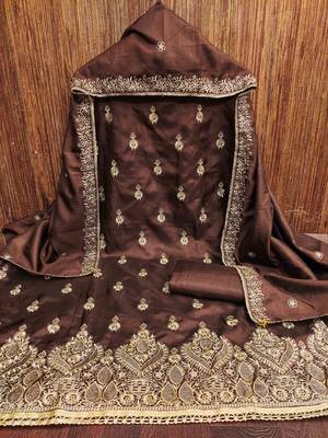 brown cotton blend embroidered unstitched dressmaterials 3 pair top bottom dupptaa 3