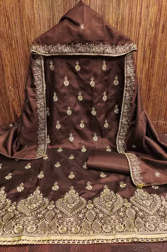 brown cotton blend embroidered unstitched dressmaterials 3 pair top bottom dupptaa