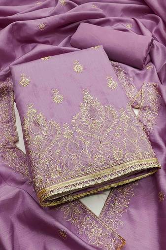 lavender cotton blend embroidered unstitched dressmaterials 3 pair top bottom dupptaa