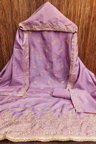 lavender cotton blend embroidered unstitched dressmaterials 3 pair top bottom dupptaa