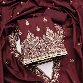 maroon cotton blend embroidered unstitched dressmaterials 3 pair top bottom dupptaa 1