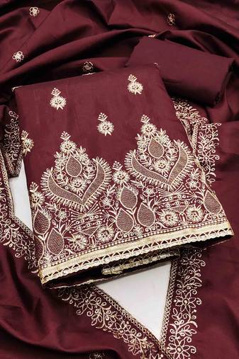 maroon cotton blend embroidered unstitched dressmaterials 3 pair top bottom dupptaa