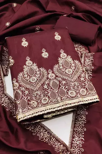 maroon cotton blend embroidered unstitched dressmaterials 3 pair top bottom dupptaa