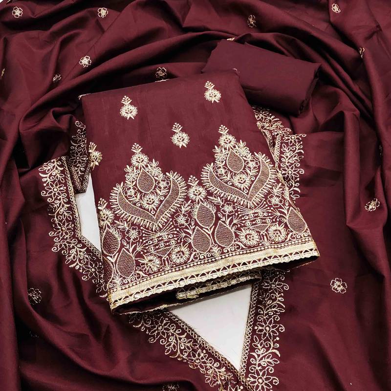 maroon cotton blend embroidered unstitched dressmaterials 3 pair top bottom dupptaa