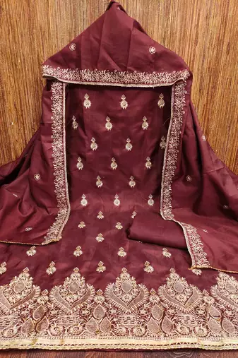 maroon cotton blend embroidered unstitched dressmaterials 3 pair top bottom dupptaa