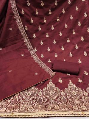 maroon cotton blend embroidered unstitched dressmaterials 3 pair top bottom dupptaa 3