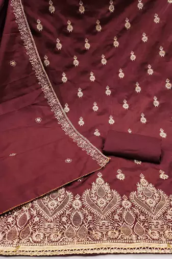 maroon cotton blend embroidered unstitched dressmaterials 3 pair top bottom dupptaa