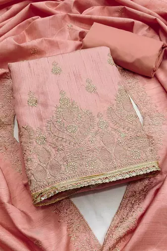 peach cotton blend embroidered unstitched dressmaterials 3 pair top bottom dupptaa