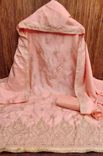 peach cotton blend embroidered unstitched dressmaterials 3 pair top bottom dupptaa